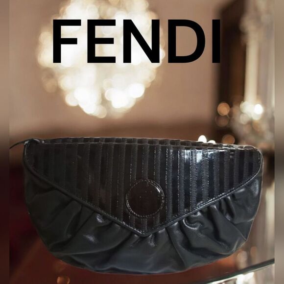 FENDI Black VTG Leather Zippered Clutch with COA - Picture 1 of 11